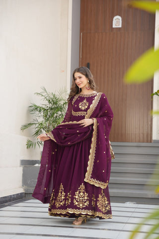 Wine Luxury Designer Faux Blooming Georgette Gown with Zari & Sequin Embroidery ClothsVilla