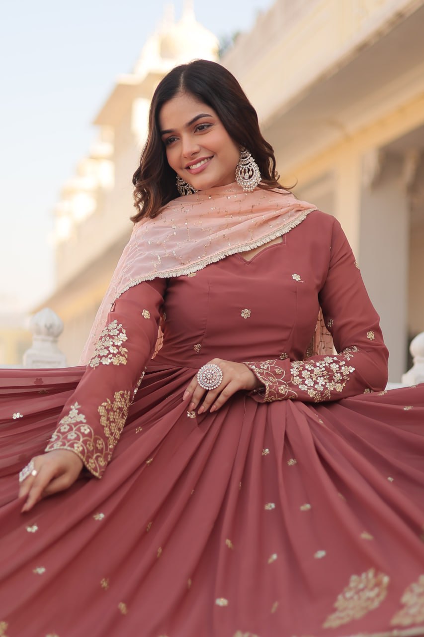 Wine Luxury Designer Gown with Zari Thread & Sequins Embroidery - Elegant Attire for Desirable Women ClothsVilla