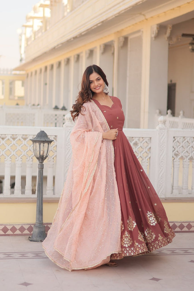 Wine Luxury Designer Gown with Zari Thread & Sequins Emb Wine Luxury Designer Gown with Zari Thread & Sequins Emb