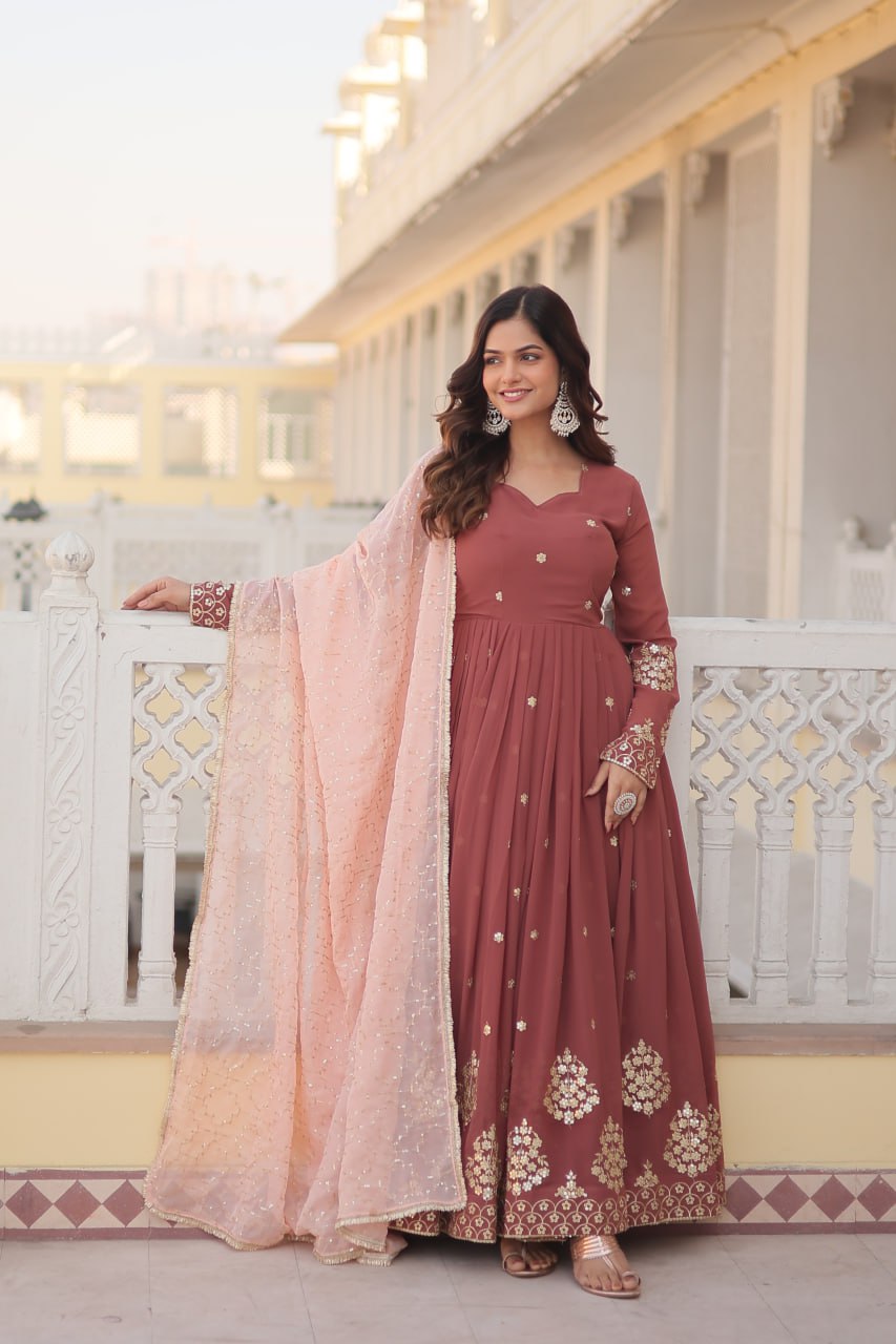 Wine Luxury Designer Gown with Zari Thread & Sequins Embroidery - Elegant Attire for Desirable Women ClothsVilla