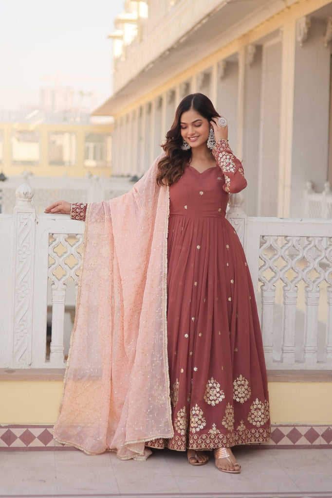 Wine Luxury Designer Gown with Zari Thread & Sequins Embroidery - Elegant Attire for Desirable Women ClothsVilla