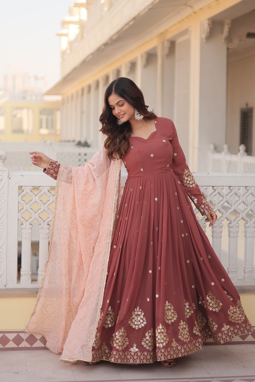 Wine Luxury Designer Gown with Zari Thread & Sequins Embroidery - Elegant Attire for Desirable Women ClothsVilla