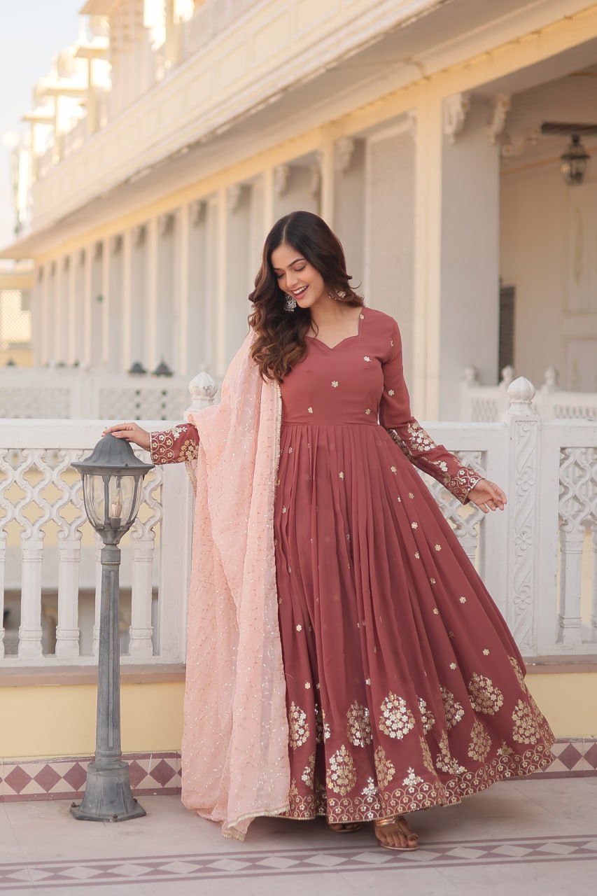 Wine Luxury Designer Gown with Zari Thread & Sequins Embroidery - Elegant Attire for Desirable Women ClothsVilla