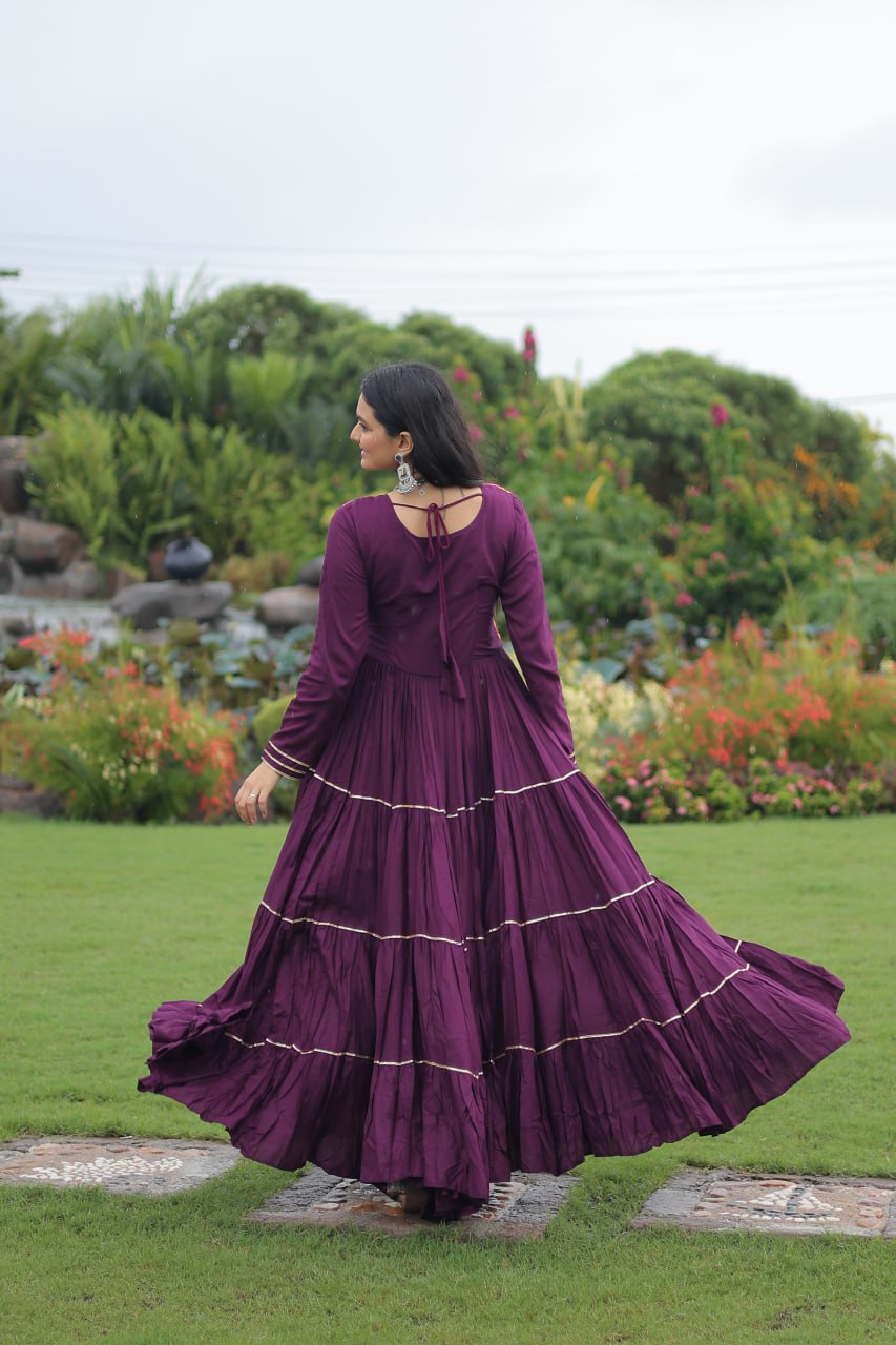 Wine Navratri Special 14 Kg Reyon Gown with Kutchi Gamthi & Mirror Hand Work – 4-Layer Frill, 10+ Meter Flair ClothsVilla