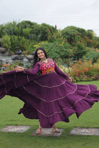 Wine Navratri Special 14 Kg Reyon Gown with Kutchi Gamthi & Mirror Hand Work – 4-Layer Frill, 10+ Meter Flair ClothsVilla