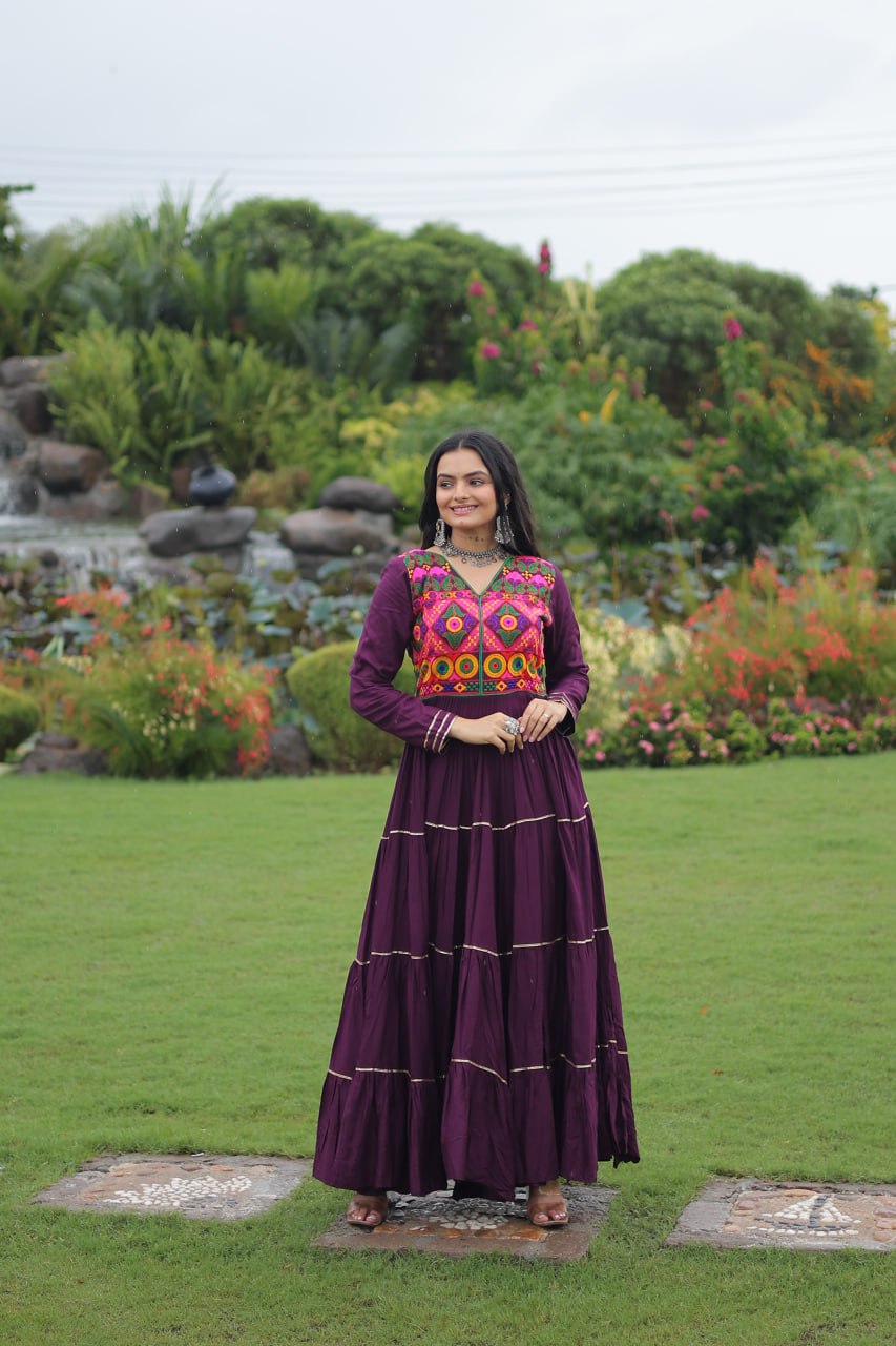 Wine Navratri Special 14 Kg Reyon Gown with Kutchi Gamthi & Mirror Hand Work – 4-Layer Frill, 10+ Meter Flair ClothsVilla