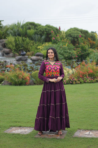 Wine Navratri Special 14 Kg Reyon Gown with Kutchi Gamthi & Mirror Hand Work – 4-Layer Frill, 10+ Meter Flair ClothsVilla