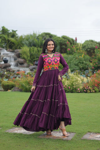 Wine Navratri Special 14 Kg Reyon Gown with Kutchi Gamthi & Mirror Hand Work – 4-Layer Frill, 10+ Meter Flair ClothsVilla
