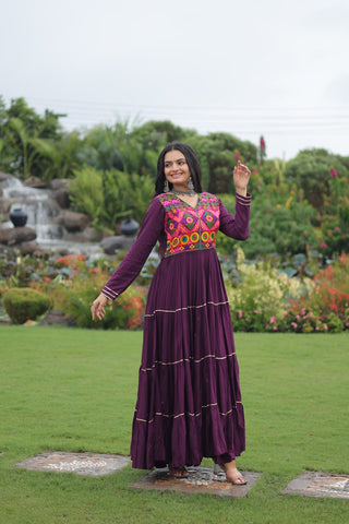 Wine Navratri Special 14 Kg Reyon Gown with Kutchi Gamthi & Mirror Hand Work – 4-Layer Frill, 10+ Meter Flair ClothsVilla