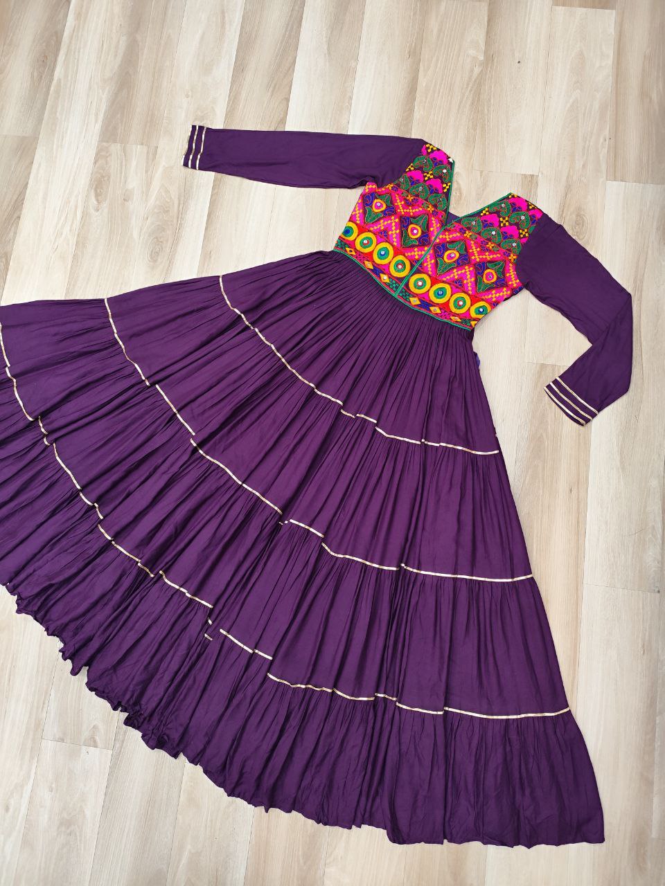 Wine Navratri Special 14 Kg Reyon Gown with Kutchi Gamthi & Mirror Hand Work – 4-Layer Frill, 10+ Meter Flair ClothsVilla