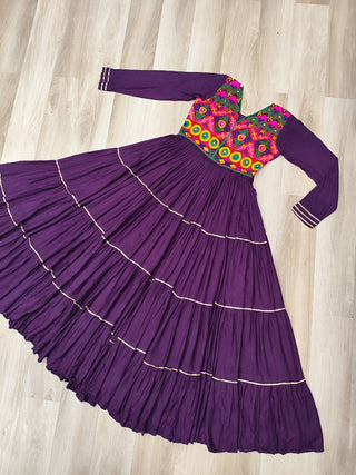 Wine Navratri Special 14 Kg Reyon Gown with Kutchi Gamthi & Mirror Hand Work – 4-Layer Frill, 10+ Meter Flair ClothsVilla