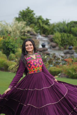 Wine Navratri Special 14 Kg Reyon Gown with Kutchi Gamthi & Mirror Hand Work – 4-Layer Frill, 10+ Meter Flair ClothsVilla