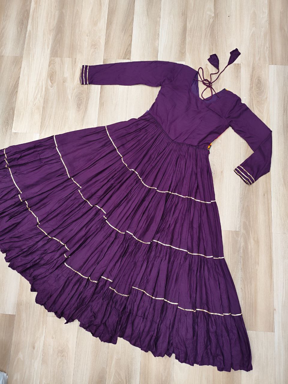 Wine Navratri Special 14 Kg Reyon Gown with Kutchi Gamthi & Mirror Hand Work – 4-Layer Frill, 10+ Meter Flair ClothsVilla
