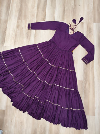 Wine Navratri Special 14 Kg Reyon Gown with Kutchi Gamthi & Mirror Hand Work – 4-Layer Frill, 10+ Meter Flair ClothsVilla