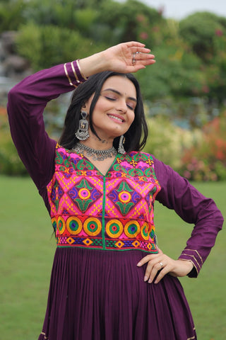 Wine Navratri Special 14 Kg Reyon Gown with Kutchi Gamthi & Mirror Hand Work – 4-Layer Frill, 10+ Meter Flair ClothsVilla