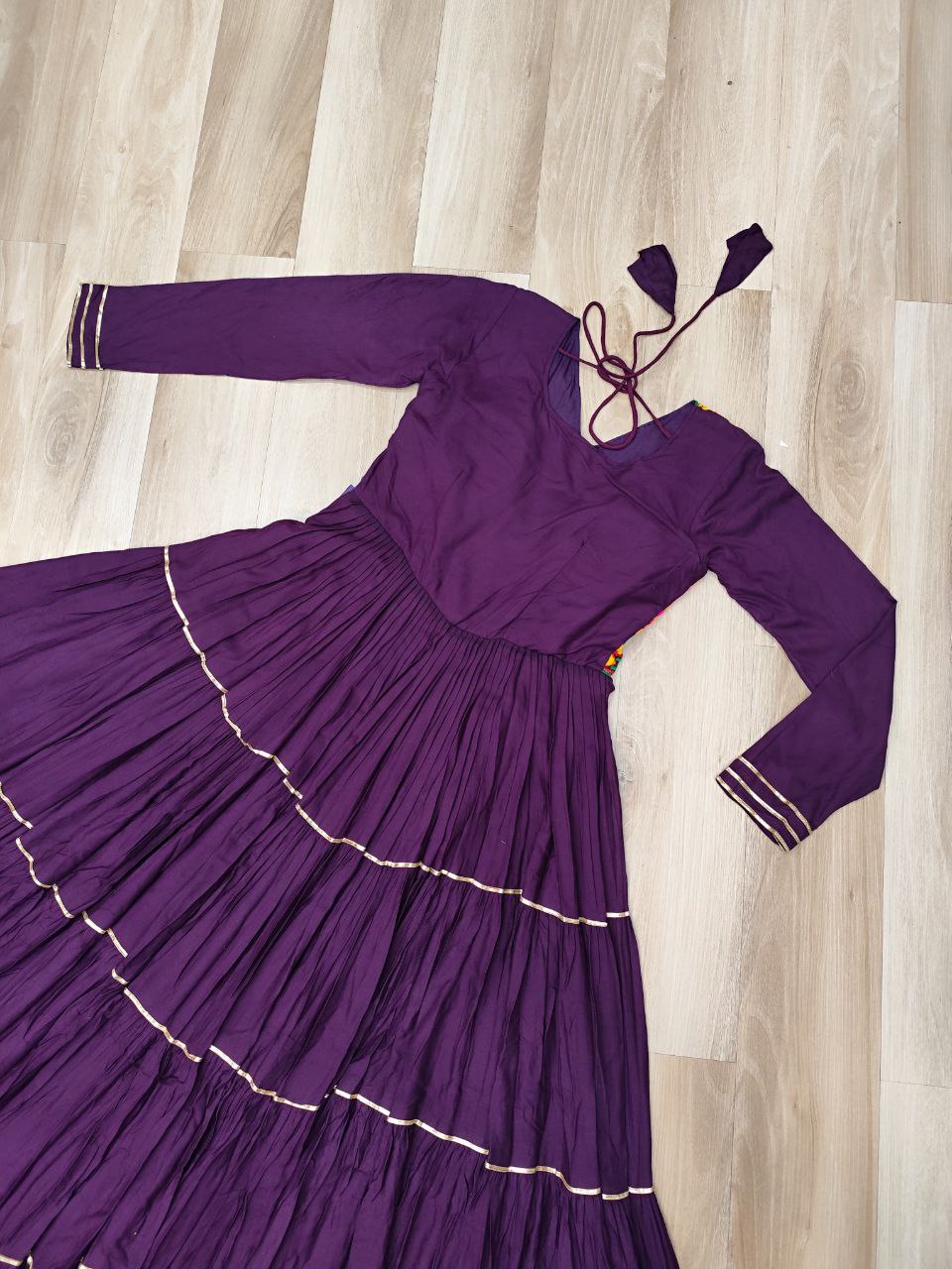 Wine Navratri Special 14 Kg Reyon Gown with Kutchi Gamthi & Mirror Hand Work – 4-Layer Frill, 10+ Meter Flair ClothsVilla