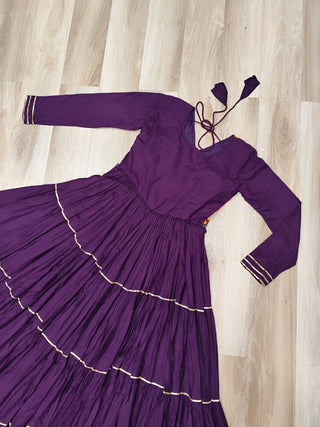 Wine Navratri Special 14 Kg Reyon Gown with Kutchi Gamthi & Mirror Hand Work – 4-Layer Frill, 10+ Meter Flair ClothsVilla