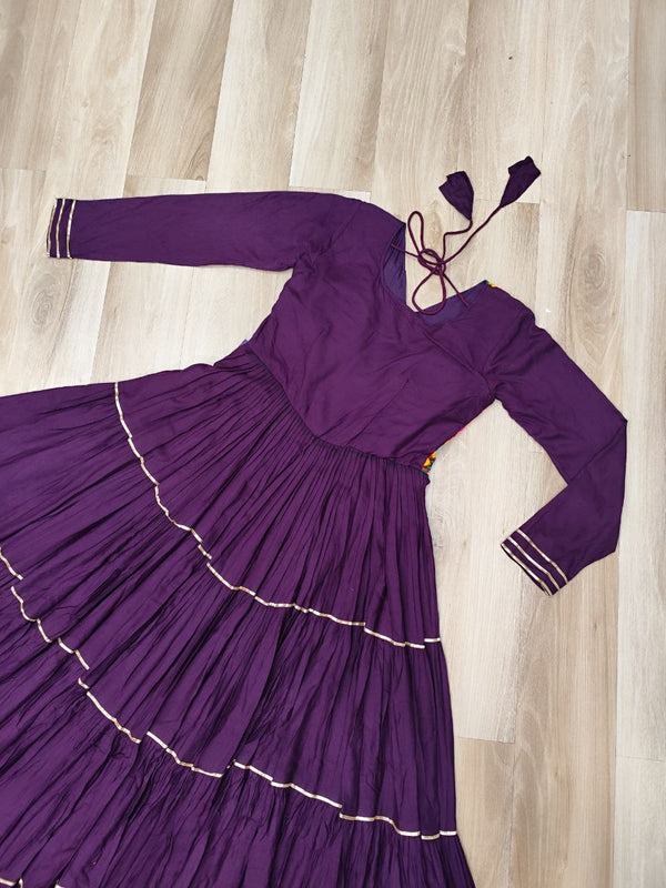 Wine Navratri Special 14 Kg Reyon Gown with Kutchi Gamthi & Mirror Hand Work – 4-Layer Frill, 10+ Meter Flair ClothsVilla