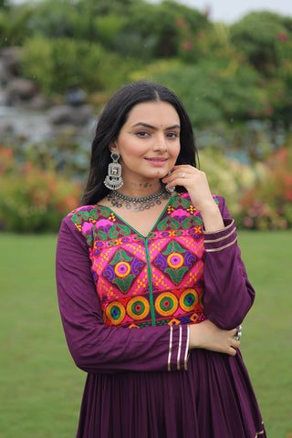 Wine Navratri Special 14 Kg Reyon Gown with Kutchi Gamthi & Mirror Hand Work – 4-Layer Frill, 10+ Meter Flair ClothsVilla
