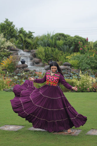 Wine Navratri Special 14 Kg Reyon Gown with Kutchi Gamthi & Mirror Hand Work – 4-Layer Frill, 10+ Meter Flair ClothsVilla