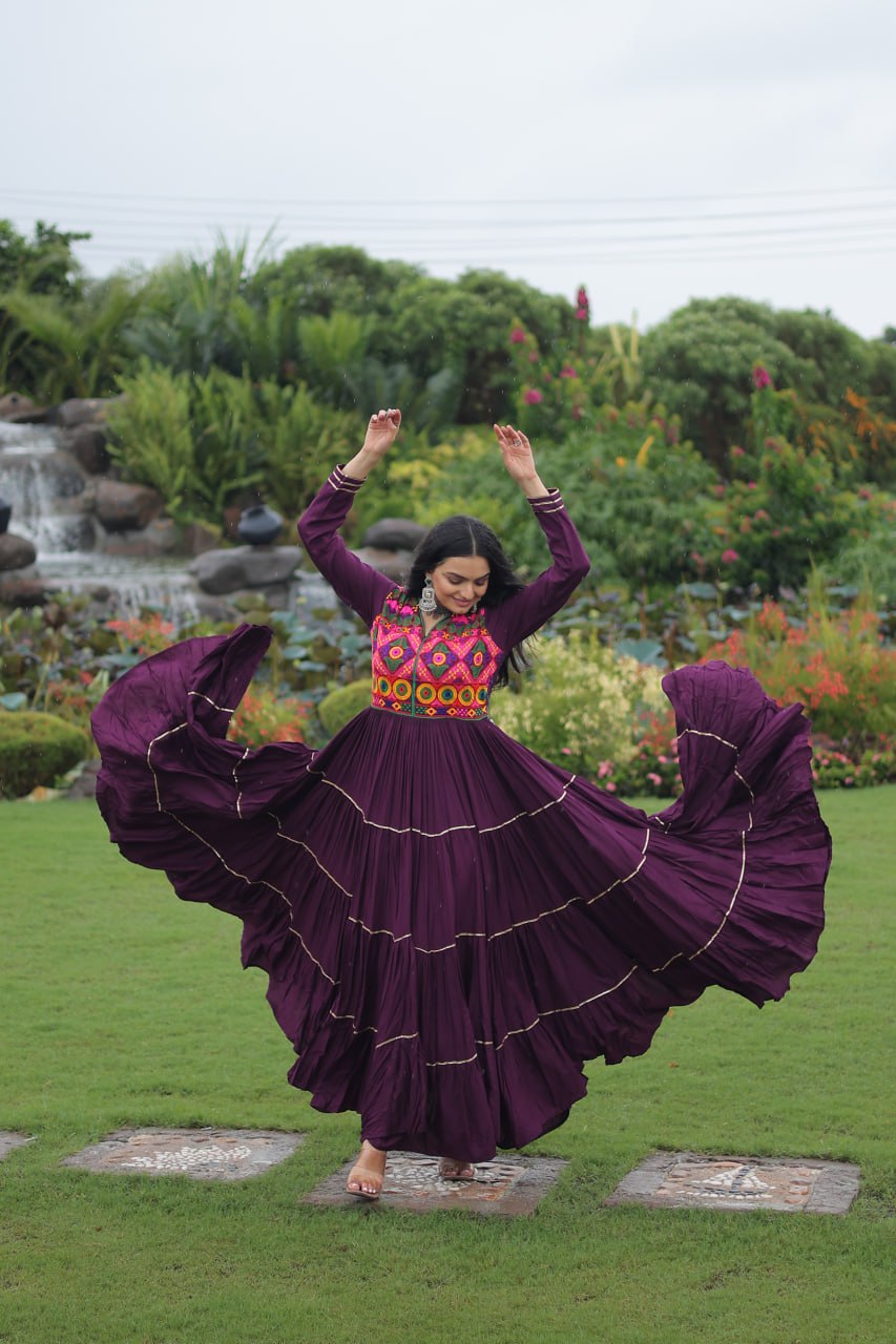 Wine Navratri Special 14 Kg Reyon Gown with Kutchi Gamthi & Mirror Hand Work – 4-Layer Frill, 10+ Meter Flair ClothsVilla
