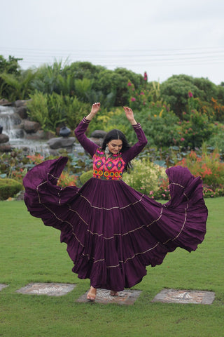 Wine Navratri Special 14 Kg Reyon Gown with Kutchi Gamthi & Mirror Hand Work – 4-Layer Frill, 10+ Meter Flair ClothsVilla