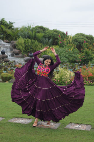 Wine Navratri Special 14 Kg Reyon Gown with Kutchi Gamthi & Mirror Hand Work – 4-Layer Frill, 10+ Meter Flair ClothsVilla