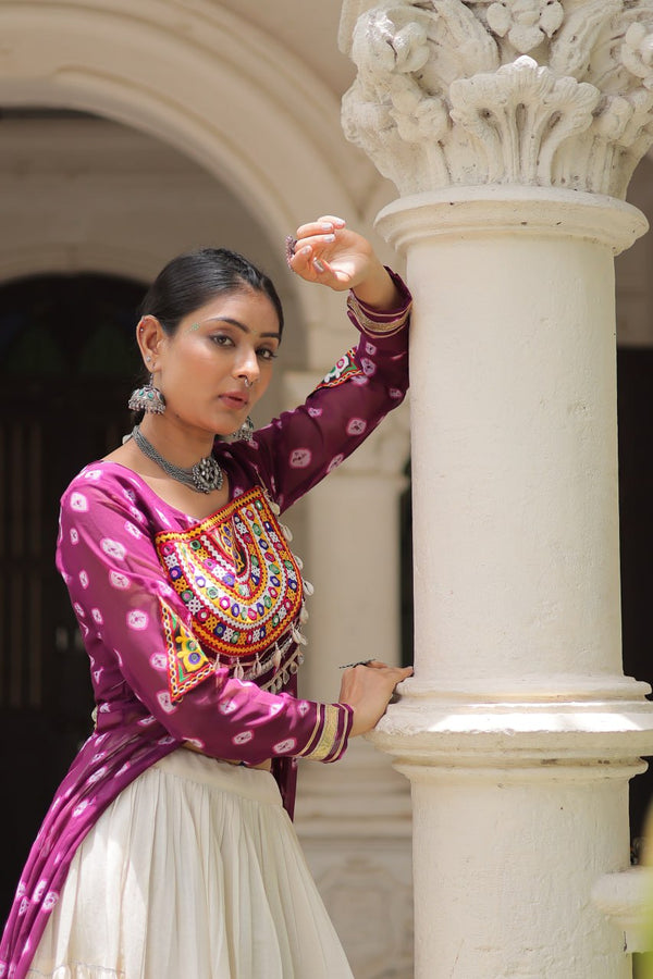 Wine Navratri Special Bandhani Kurti with Kora Cotton Frill Lehenga Set – Full Stitched ClothsVilla