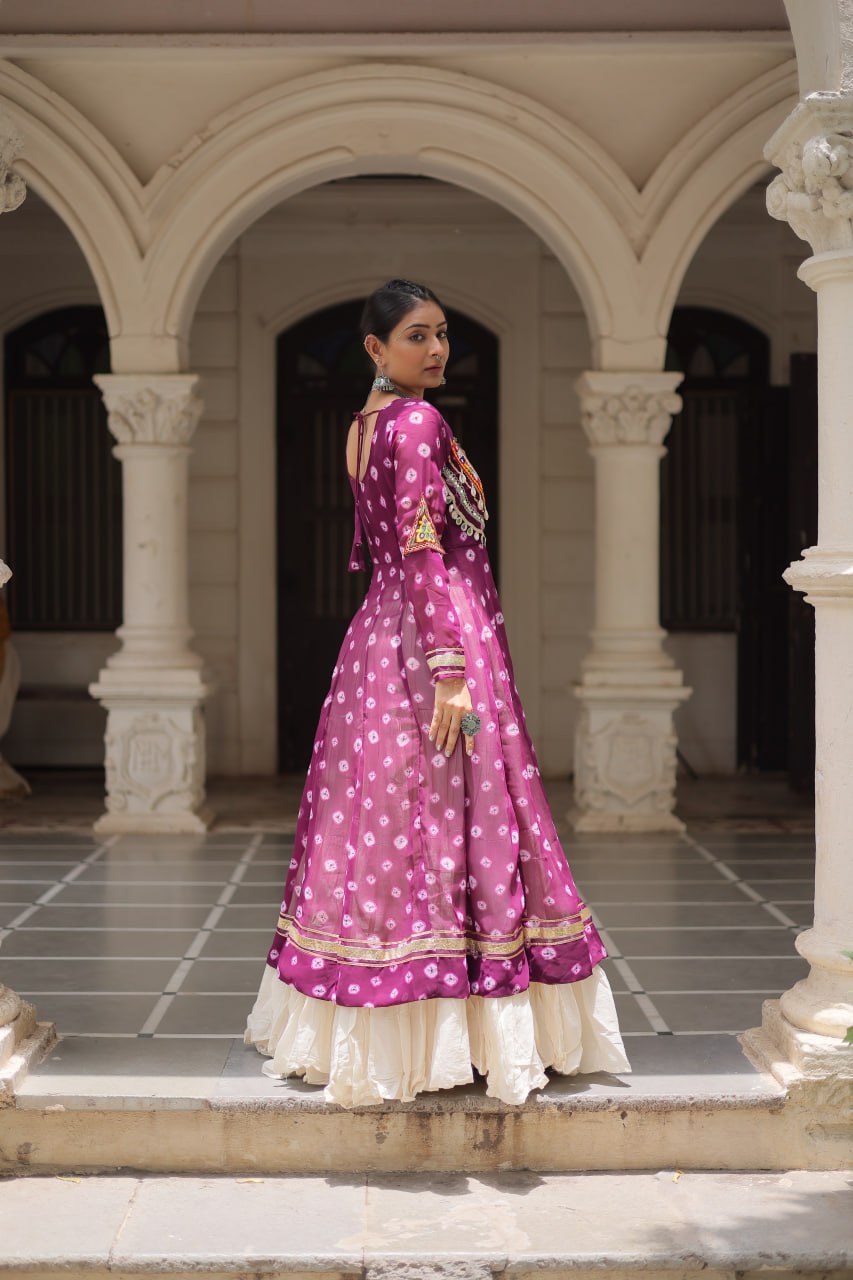 Wine Navratri Special Bandhani Kurti with Kora Cotton Frill Lehenga Set – Full Stitched ClothsVilla