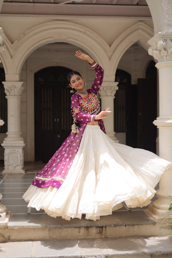 Wine Navratri Special Bandhani Kurti with Kora Cotton Frill Lehenga Set – Full Stitched ClothsVilla