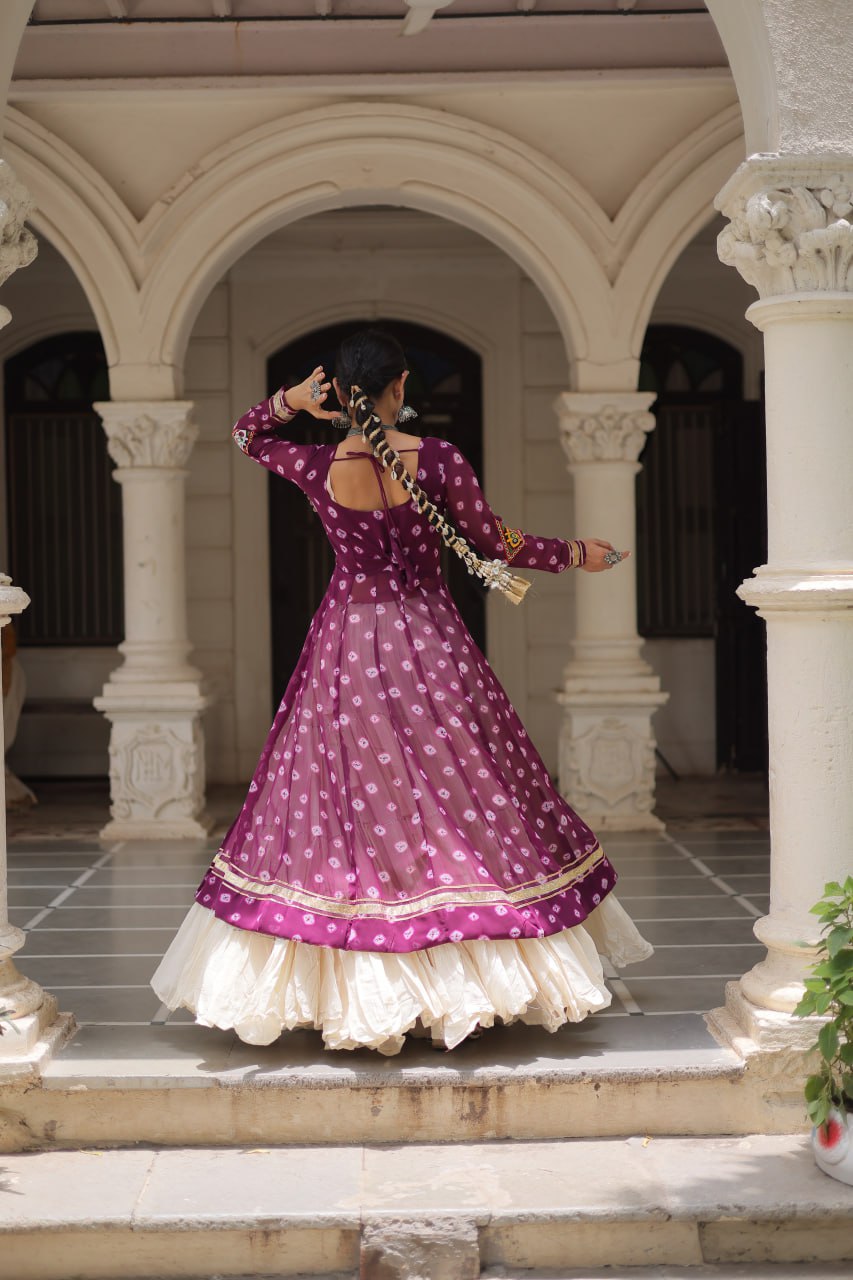 Wine Navratri Special Bandhani Kurti with Kora Cotton Frill Lehenga Set – Full Stitched ClothsVilla