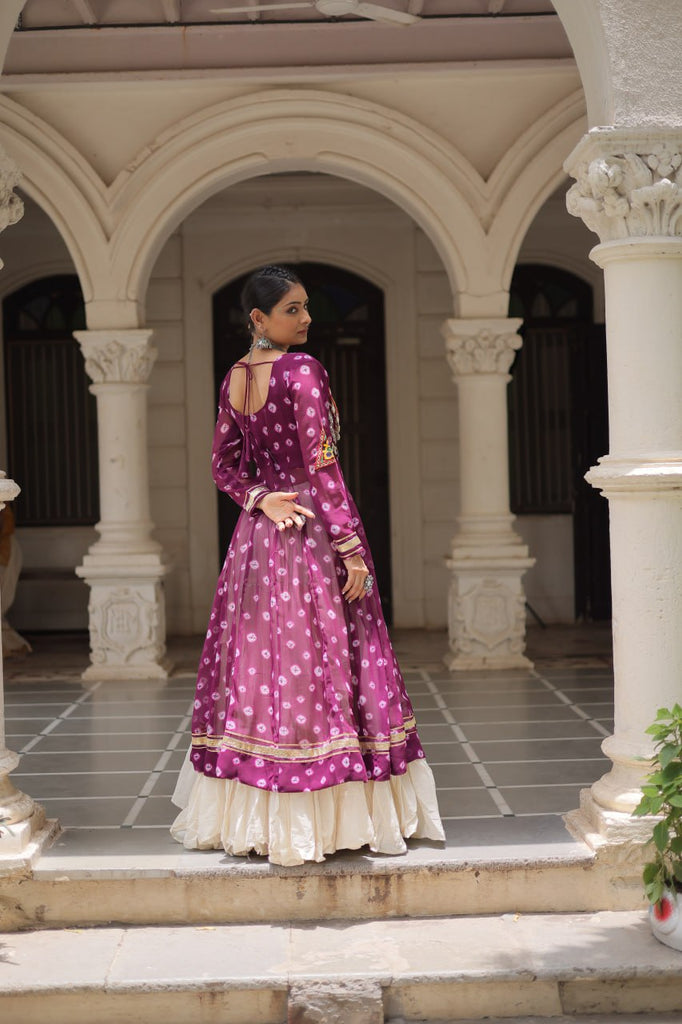 Wine Navratri Special Bandhani Kurti with Kora Cotton Frill Lehenga Set – Full Stitched ClothsVilla