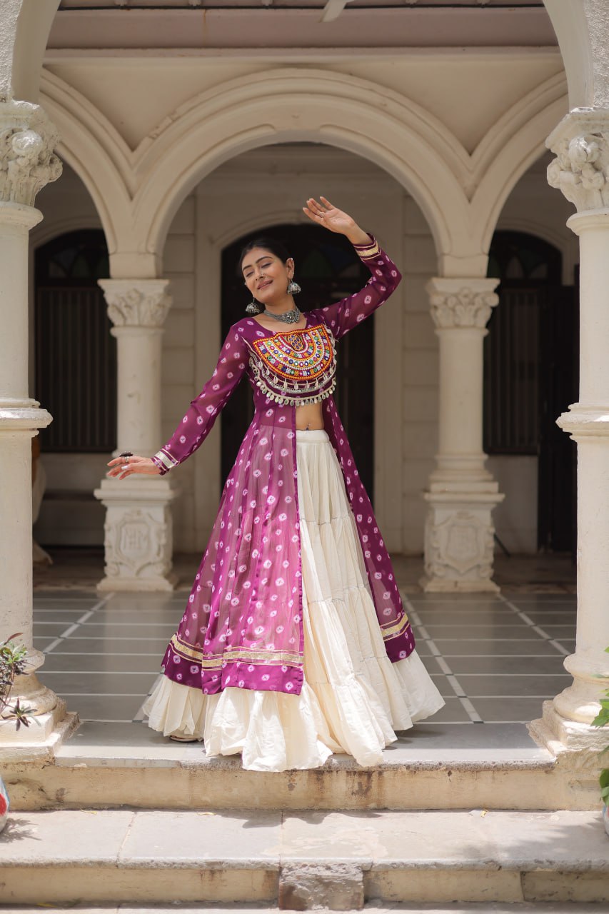 Wine Navratri Special Bandhani Kurti with Kora Cotton Frill Lehenga Set – Full Stitched ClothsVilla