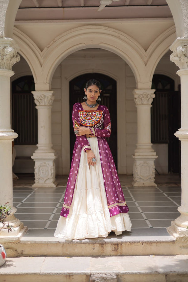 Wine Navratri Special Bandhani Kurti with Kora Cotton Frill Lehenga Set – Full Stitched ClothsVilla