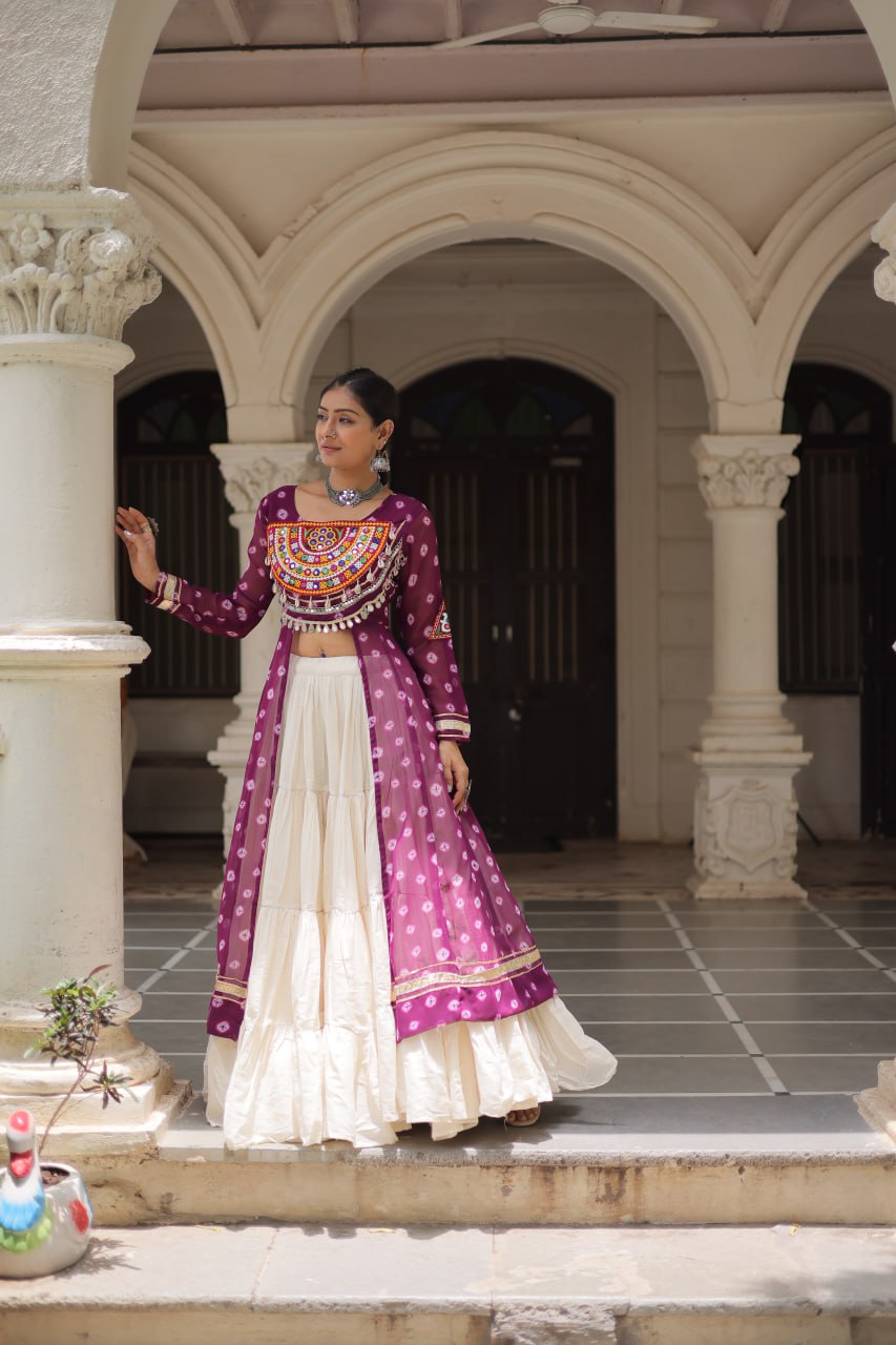 Wine Navratri Special Bandhani Kurti with Kora Cotton Frill Lehenga Set – Full Stitched ClothsVilla