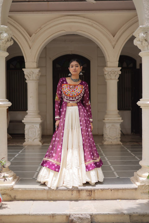 Wine Navratri Special Bandhani Kurti with Kora Cotton Frill Lehenga Set – Full Stitched ClothsVilla Main image