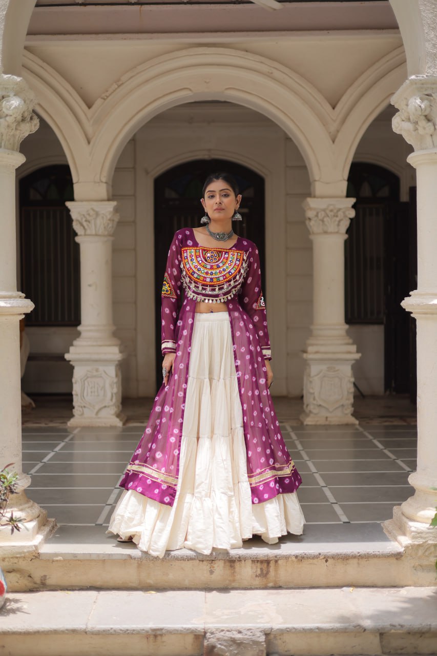 Wine Navratri Special Bandhani Kurti with Kora Cotton Frill Lehenga Set – Full Stitched ClothsVilla Main image