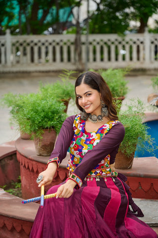Wine Navratri Special Chinnon Pedding Lehenga Choli with Kutchi Gamthi Embroidery ClothsVilla