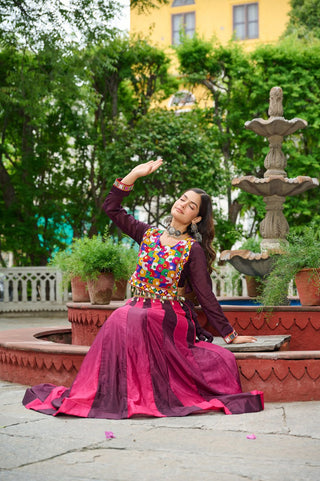 Wine Navratri Special Chinnon Pedding Lehenga Choli with Kutchi Gamthi Embroidery ClothsVilla