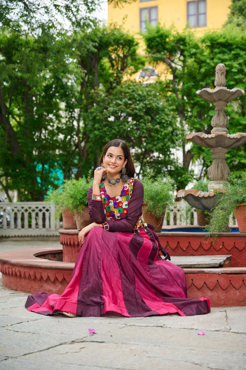 Wine Navratri Special Chinnon Pedding Lehenga Choli with Kutchi Gamthi Embroidery ClothsVilla