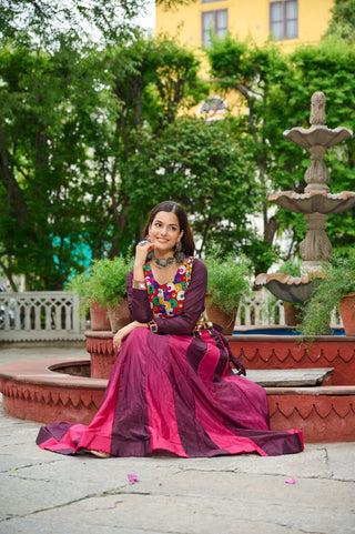 Wine Navratri Special Chinnon Pedding Lehenga Choli with Kutchi Gamthi Embroidery ClothsVilla