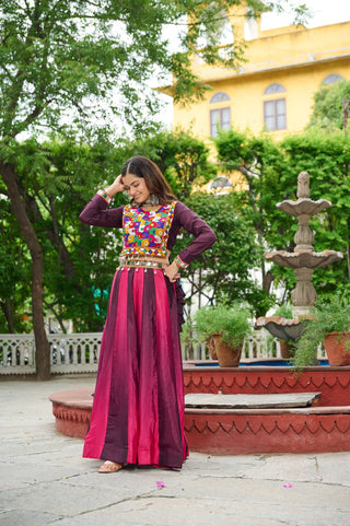 Wine Navratri Special Chinnon Pedding Lehenga Choli with Kutchi Gamthi Embroidery ClothsVilla