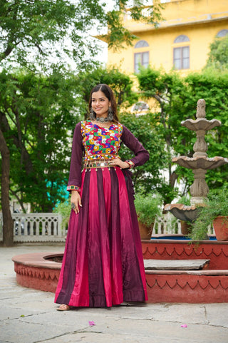 Wine Navratri Special Chinnon Pedding Lehenga Choli with Kutchi Gamthi Embroidery ClothsVilla