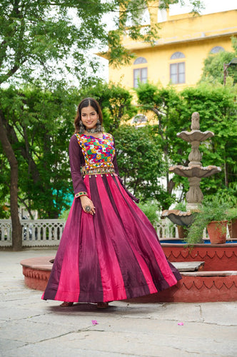 Wine Navratri Special Chinnon Pedding Lehenga Choli with Kutchi Gamthi Embroidery ClothsVilla