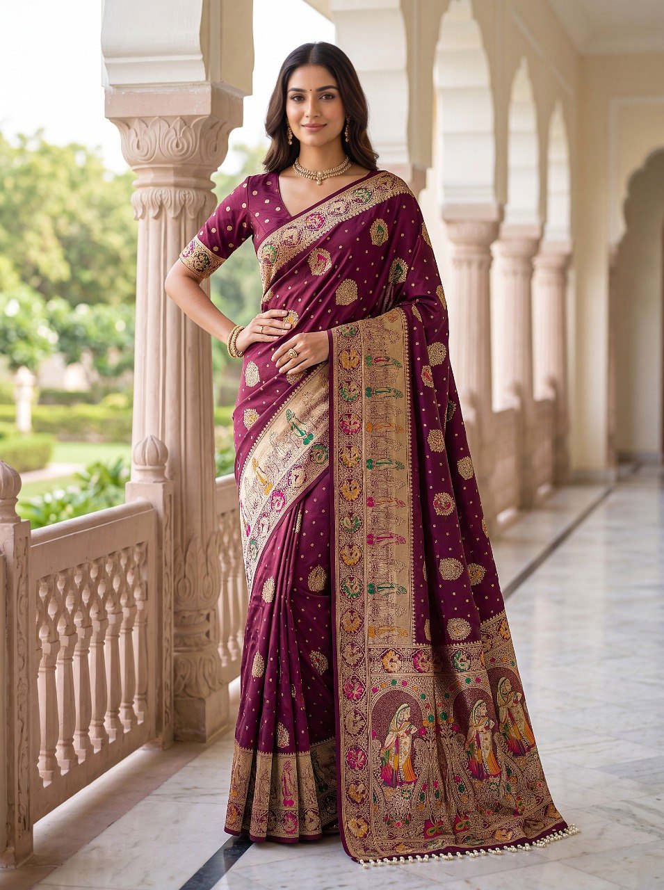 Wine Nylon Satin Zari Weaving Saree ClothsVilla