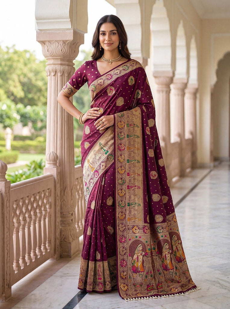 Wine Nylon Satin Zari Weaving Saree ClothsVilla