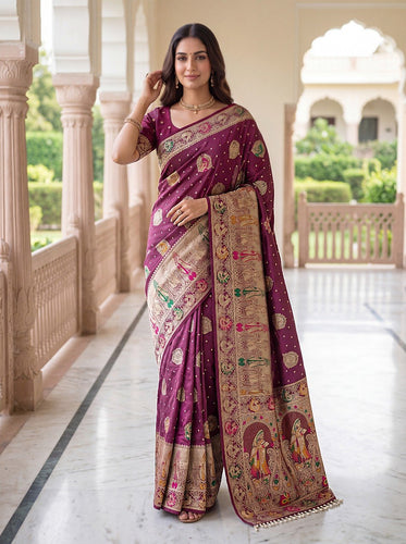 Wine Nylon Satin Zari Weaving Saree ClothsVilla