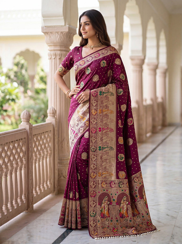 Wine Nylon Satin Zari Weaving Saree ClothsVilla