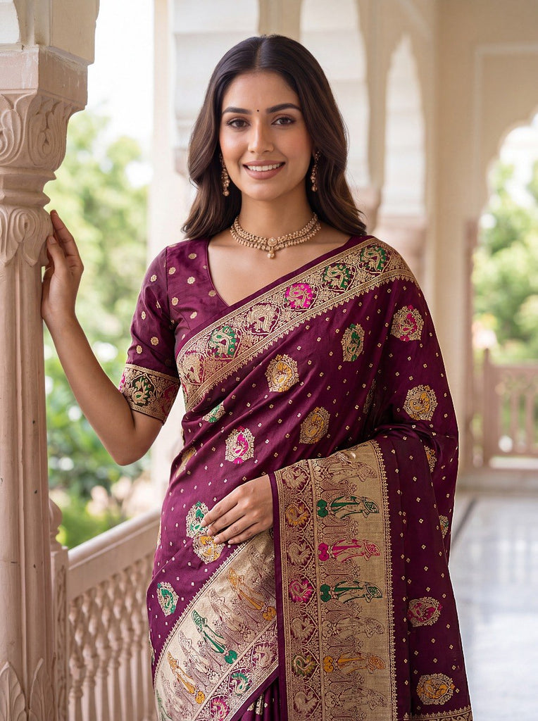 Wine Nylon Satin Zari Weaving Saree ClothsVilla