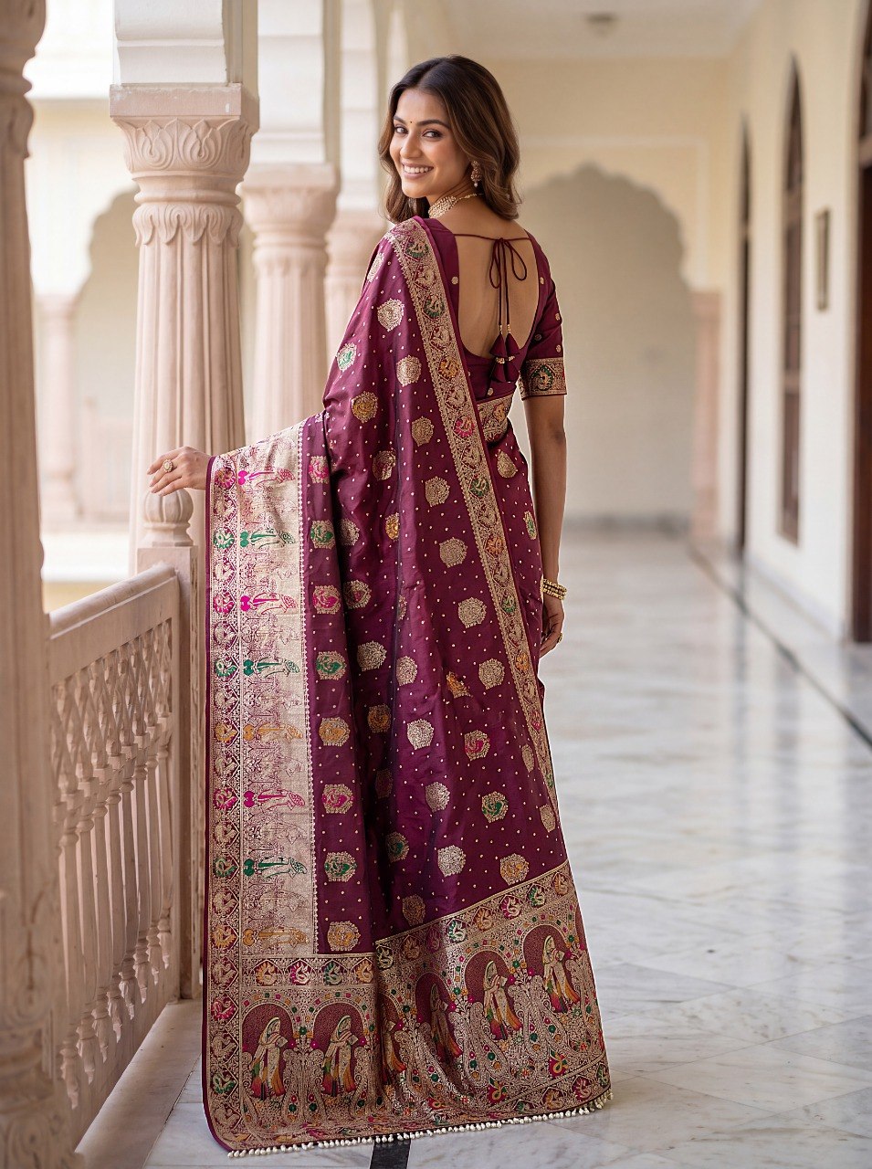 Wine Nylon Satin Zari Weaving Saree ClothsVilla